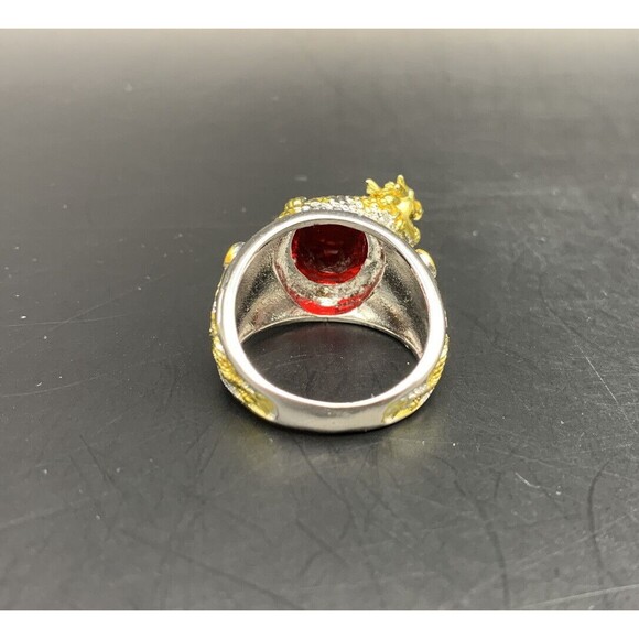 Dragon Ring Size 8 Two Tone Silver Gold Color Red Glass Stone Chunky Bold - Picture 6 of 9